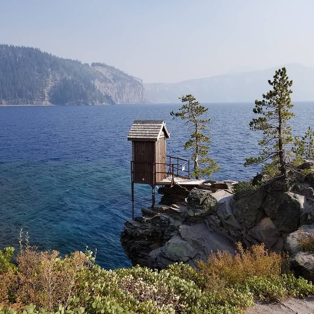 Potty House! Though it was closed due to covid, I had to photograph this lovely.  We hiked 1.1 miles down the mountain to the edge of Crater Lake. Still beautiful, even through the smoke.